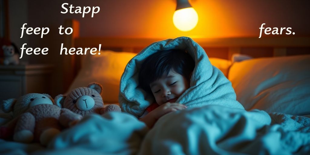 Child in cozy bed with soft toys and nightlight.