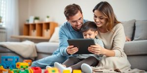 Parent and child interacting with a tablet in a living room.