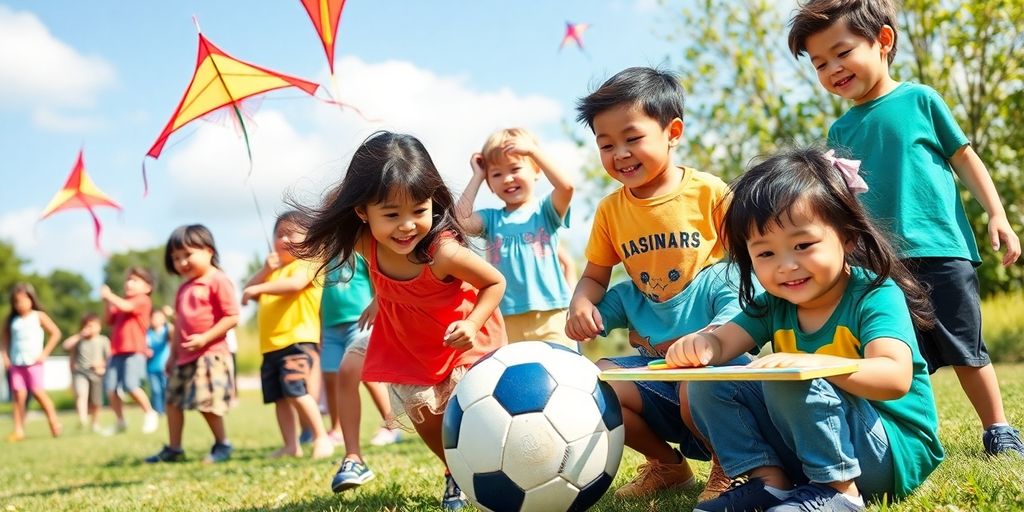 Children playing outdoors, enjoying various creative activities.